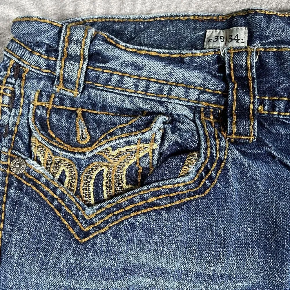 MEK DNM Jeans Mens 38x34 (36x32) Medium Wash Bilbao Straight Embroidered Y2K